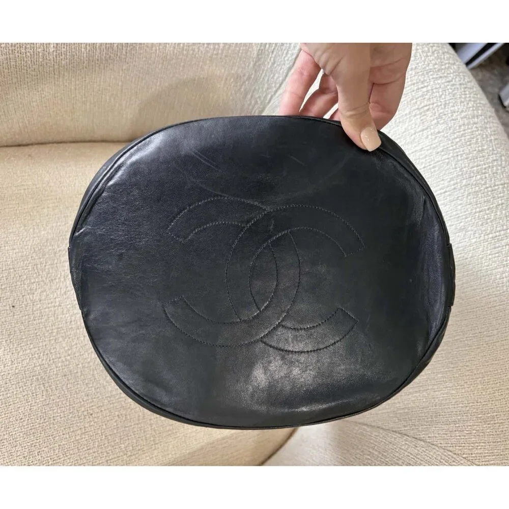 Authentic Vintage Chanel Bucket Bag Black Lambskin 24K Gold Hardware